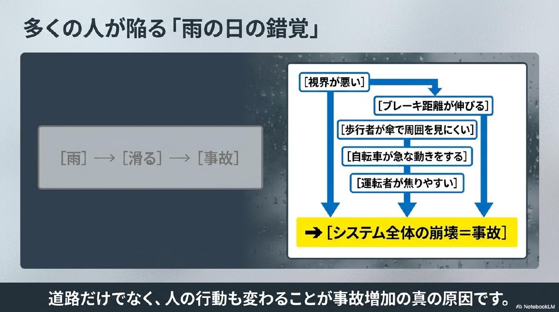 多くの人が陥る「雨の日の錯覚」。よくある認識：雨→滑る→事故。実際：視界が悪い・ブレーキ距離が伸びる・歩行者が傘で周囲を見にくい・自転車が急な動きをする・運転者が焦りやすい→システム全体の崩壊＝事故。道路だけでなく、人の行動も変わることが事故増加の真の原因です。