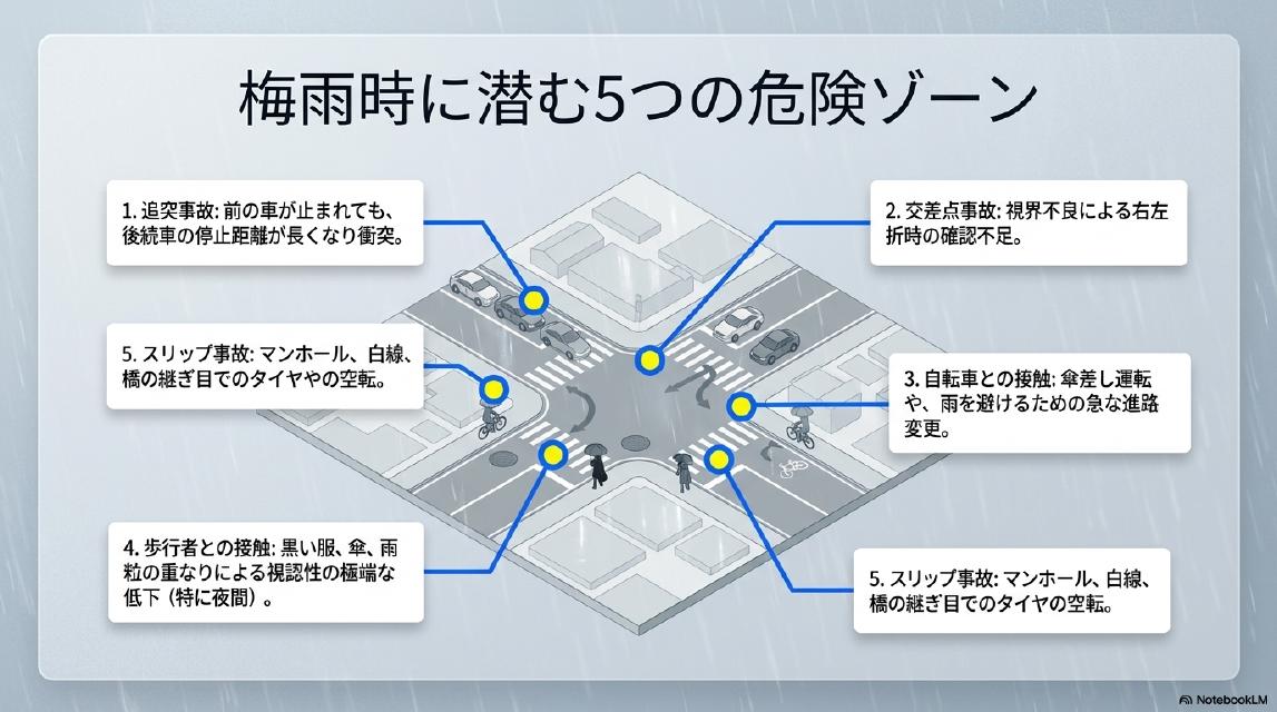 梅雨時に潜む5つの危険ゾーン。1.追突事故：前の車が止まれても、後続車の停止距離が長くなり衝突。2.交差点事故：視界不良による右左折時の確認不足。3.自転車との接触：傘差し運転や、雨を避けるための急な進路変更。4.歩行者との接触：黒い服・傘・雨粒の重なりによる視認性の極端な低下（特に夜間）。5.スリップ事故：マンホール・白線・橋の継ぎ目でのタイヤの空転。