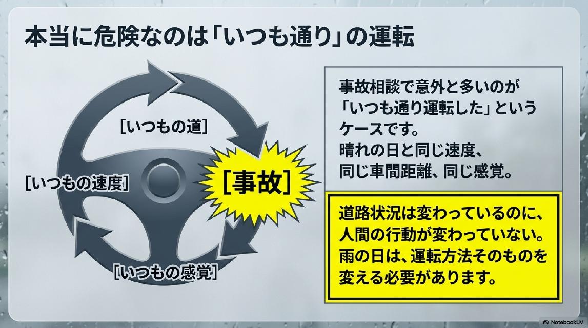 本当に危険なのは「いつも通り」の運転。いつもの道→いつもの速度→いつもの感覚→事故。事故相談で意外と多いのが「いつも通り運転した」というケースです。晴れの日と同じ速度・同じ車間距離・同じ感覚。道路状況は変わっているのに、人間の行動が変わっていない。雨の日は、運転方法そのものを変える必要があります。