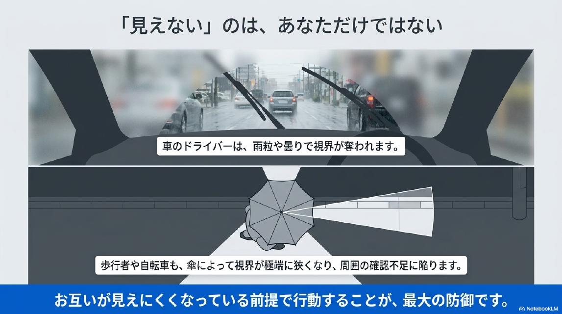 「見えない」のは、あなただけではない。車のドライバーは、雨粒や曇りで視界が奪われます。歩行者や自転車も、傘によって視界が極端に狭くなり、周囲の確認不足に陥ります。お互いが見えにくくなっている前提で行動することが、最大の防御です。