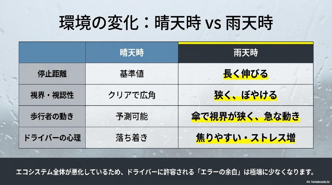 環境の変化：晴天時 vs 雨天時。停止距離：晴天→基準値、雨天→長く伸びる。視界・視認性：晴天→クリアで広角、雨天→狭く・ぼやける。歩行者の動き：晴天→予測可能、雨天→傘で視界が狭く急な動き。ドライバーの心理：晴天→落ち着き、雨天→焦りやすい・ストレス増。エコシステム全体が悪化しているため、ドライバーに許容される「エラーの余白」は極端に少なくなります。