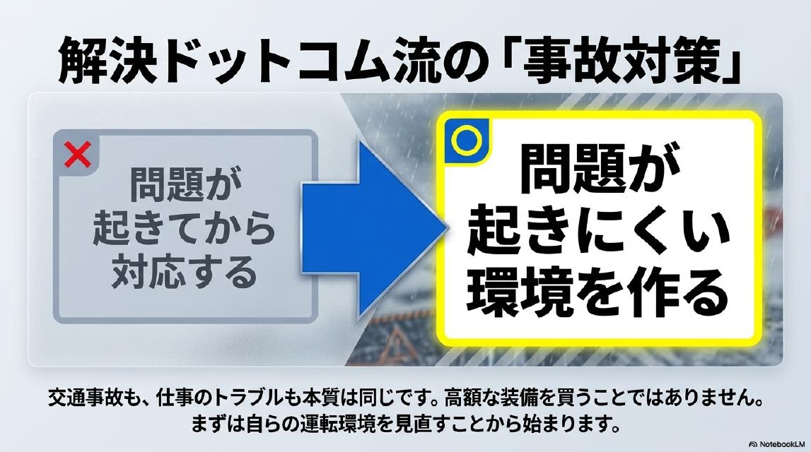 解決ドットコム流の「事故対策」。❌問題が起きてから対応する→✅問題が起きにくい環境を作る。交通事故も仕事のトラブルも本質は同じです。高額な装備を買うことではありません。まずは自らの運転環境を見直すことから始まります。