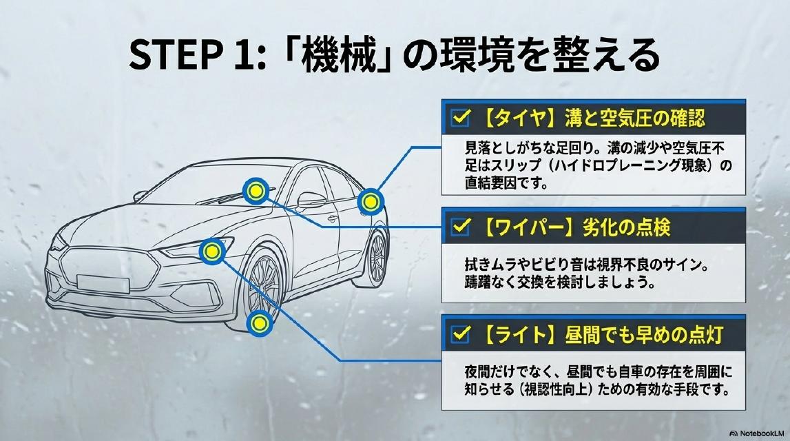 STEP1：「機械」の環境を整える。タイヤ：溝と空気圧の確認。見落としがちな足回り。溝の減少や空気圧不足はスリップ（ハイドロプレーニング現象）の直結要因です。ワイパー：劣化の点検。拭きムラやビビり音は視界不良のサイン。躊躇なく交換を検討しましょう。ライト：昼間でも早めの点灯。夜間だけでなく昼間でも自車の存在を周囲に知らせる（視認性向上）ための有効な手段です。