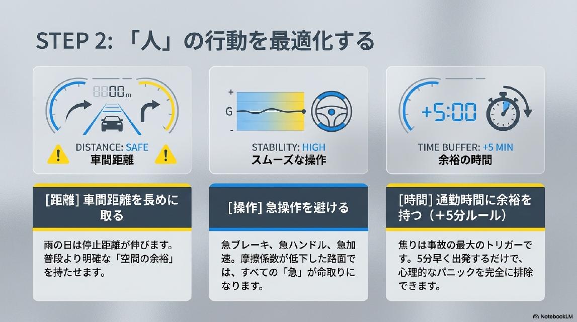 STEP2：「人」の行動を最適化する。距離：車間距離を長めに取る。雨の日は停止距離が伸びます。普段より明確な「空間の余裕」を持たせます。操作：急操作を避ける。急ブレーキ・急ハンドル・急加速。摩擦係数が低下した路面では、すべての「急」が命取りになります。時間：通勤時間に余裕を持つ（+5分ルール）。焦りは事故の最大のトリガーです。5分早く出発するだけで、心理的なパニックを完全に排除できます。