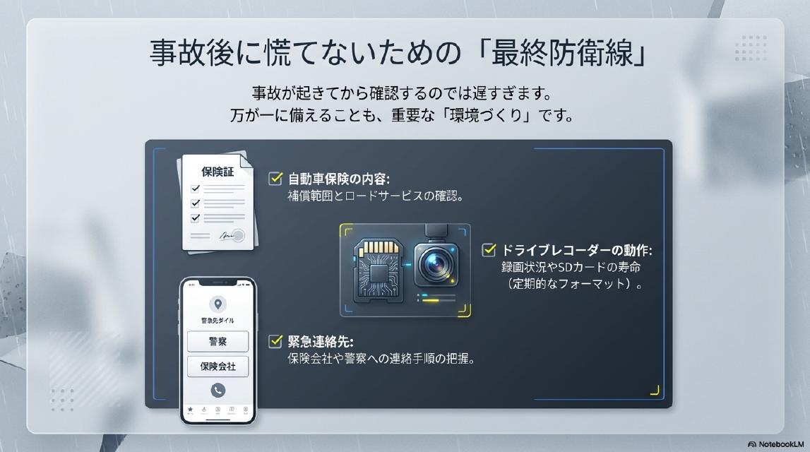 事故後に慌てないための「最終防衛線」。事故が起きてから確認するのでは遅すぎます。万が一に備えることも、重要な「環境づくり」です。自動車保険の内容：補償範囲とロードサービスの確認。ドライブレコーダーの動作：録画状況やSDカードの寿命（定期的なフォーマット）。緊急連絡先：保険会社や警察への連絡手順の把握。