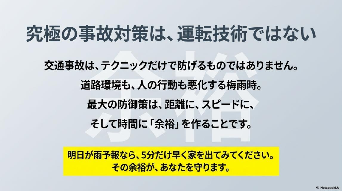 究極の事故対策は、運転技術ではない。交通事故は、テクニックだけで防げるものではありません。道路環境も、人の行動も悪化する梅雨時。最大の防御策は、距離に、スピードに、そして時間に「余裕」を作ることです。明日が雨予報なら、5分だけ早く家を出てみてください。その余裕が、あなたを守ります。