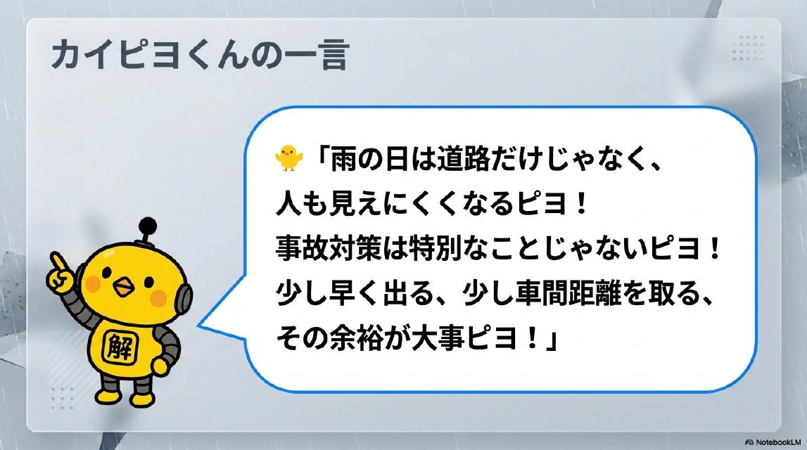 カイピヨくんの一言。「雨の日は道路だけじゃなく、人も見えにくくなるピヨ！事故対策は特別なことじゃないピヨ！少し早く出る、少し車間距離を取る、その余裕が大事ピヨ！」
