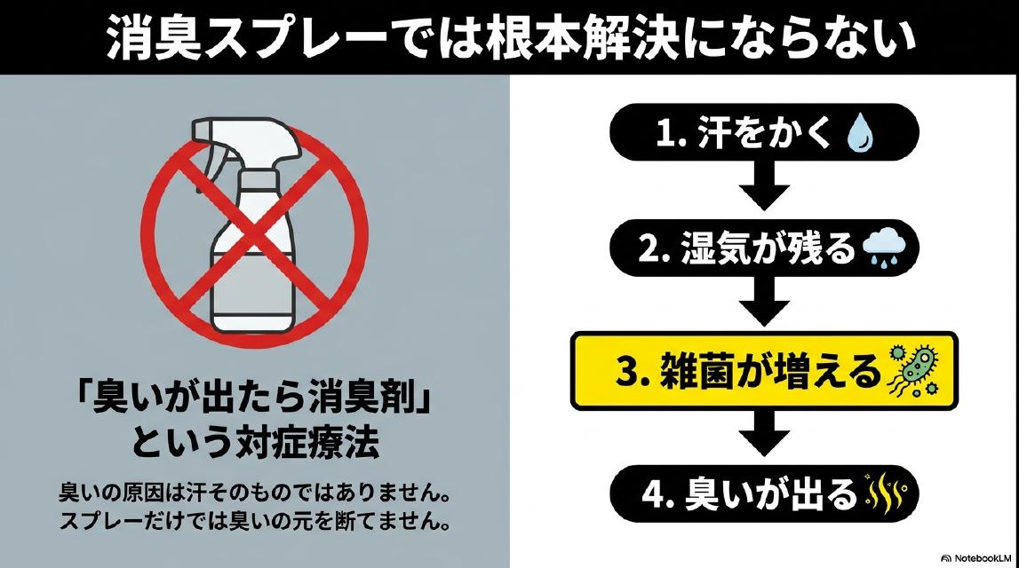消臭スプレーでは根本解決にならない。「臭いが出たら消臭剤」という対症療法。臭いの原因は汗そのものではありません。スプレーだけでは臭いの元を断てません。汗をかく→湿気が残る→雑菌が増える→臭いが出る