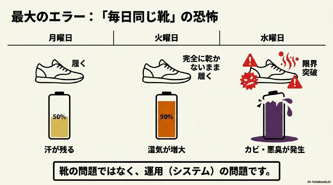 最大のエラー：「毎日同じ靴」の恐怖。月曜日：履く→汗が残る（50%）。火曜日：完全に乾かないまま履く→湿気が増大（90%）。水曜日：限界突破→カビ・悪臭が発生。靴の問題ではなく、運用（システム）の問題です。