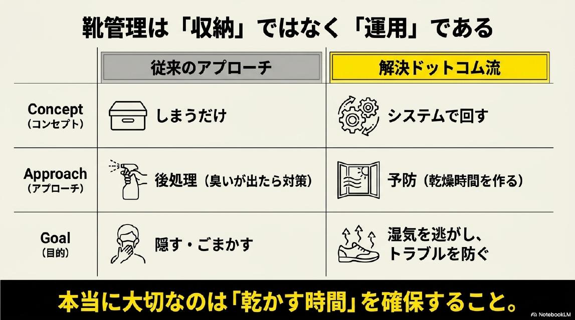 靴管理は「収納」ではなく「運用」である。従来のアプローチ：しまうだけ・後処理（臭いが出たら対策）・隠す・ごまかす。解決ドットコム流：システムで回す・予防（乾燥時間を作る）・湿気を逃がし、トラブルを防ぐ。本当に大切なのは「乾かす時間」を確保すること。