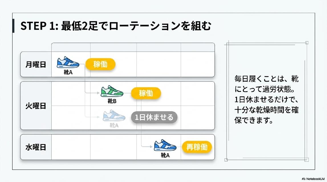 STEP1: 最低2足でローテーションを組む。月曜日：靴A稼働。火曜日：靴B稼働・靴A 1日休ませる。水曜日：靴A再稼働。毎日履くことは、靴にとって過労状態。1日休ませるだけで、十分な乾燥時間を確保できます。