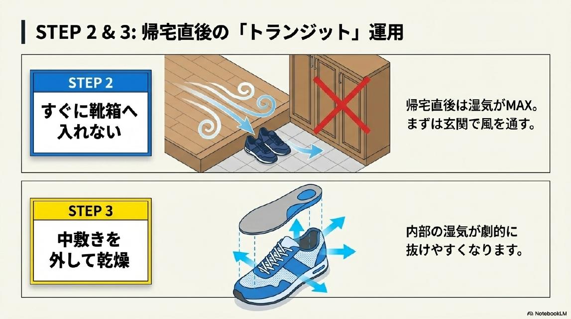 STEP2&3: 帰宅直後の「トランジット」運用。STEP2：すぐに靴箱へ入れない。帰宅直後は湿気がMAX。まずは玄関で風を通す。STEP3：中敷きを外して乾燥。内部の湿気が劇的に抜けやすくなります。