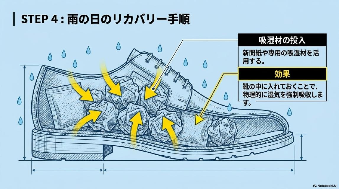 STEP4: 雨の日のリカバリー手順。吸湿材の投入：新聞紙や専用の吸湿材を活用する。効果：靴の中に入れておくことで、物理的に湿気を強制吸収します。