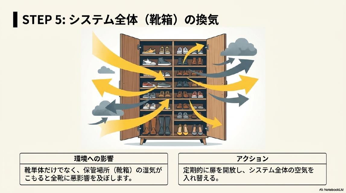 STEP5: システム全体（靴箱）の換気。環境への影響：靴単体だけでなく、保管場所（靴箱）の湿気がこもると全靴に悪影響を及ぼします。アクション：定期的に扉を開放し、システム全体の空気を入れ替える。