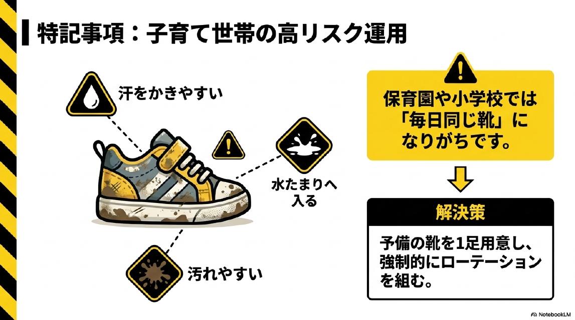 特記事項：子育て世帯の高リスク運用。汗をかきやすい・水たまりへ入る・汚れやすい。保育園や小学校では「毎日同じ靴」になりがちです。解決策：予備の靴を1足用意し、強制的にローテーションを組む。
