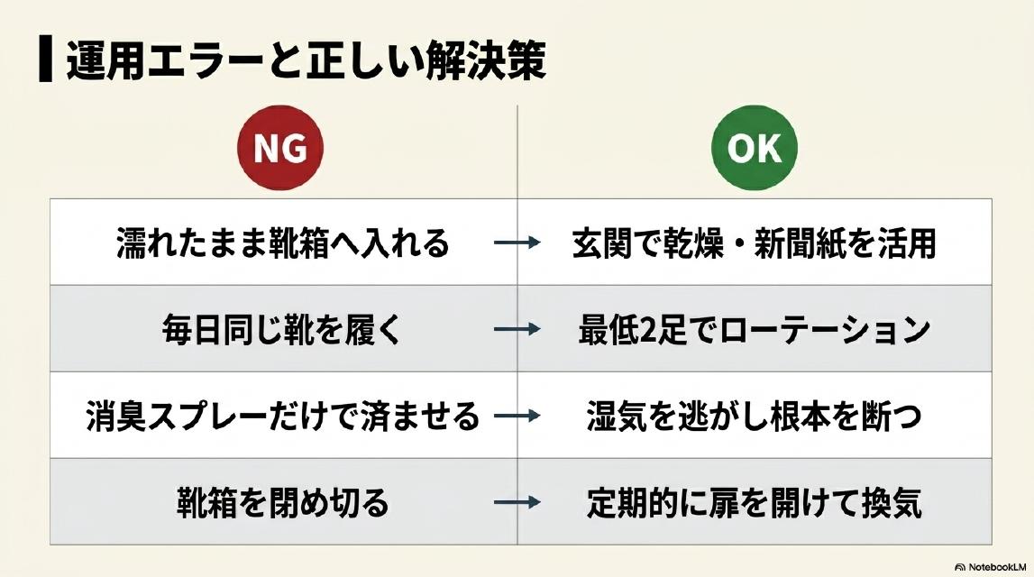 運用エラーと正しい解決策。NG：濡れたまま靴箱へ入れる→OK：玄関で乾燥・新聞紙を活用。NG：毎日同じ靴を履く→OK：最低2足でローテーション。NG：消臭スプレーだけで済ませる→OK：湿気を逃がし根本を断つ。NG：靴箱を閉め切る→OK：定期的に扉を開けて換気。