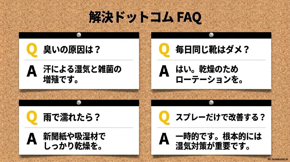 解決ドットコム FAQ。Q臭いの原因は？A汗による湿気と雑菌の増殖です。Q毎日同じ靴はダメ？Aはい。乾燥のためローテーションを。Q雨で濡れたら？A新聞紙や吸湿材でしっかり乾燥を。Qスプレーだけで改善する？A一時的です。根本的には湿気対策が重要です。