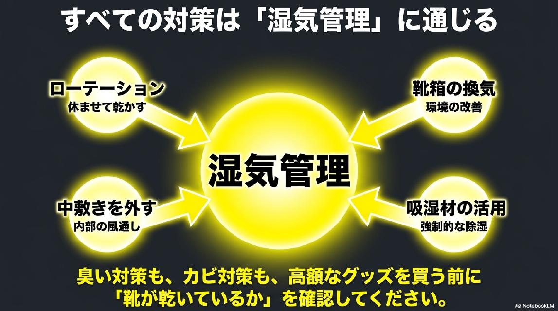 すべての対策は「湿気管理」に通じる。ローテーション（休ませて乾かす）・靴箱の換気（環境の改善）・中敷きを外す（内部の風通し）・吸湿材の活用（強制的な除湿）がすべて湿気管理に向かう。臭い対策も、カビ対策も、高額なグッズを買う前に「靴が乾いているか」を確認してください。