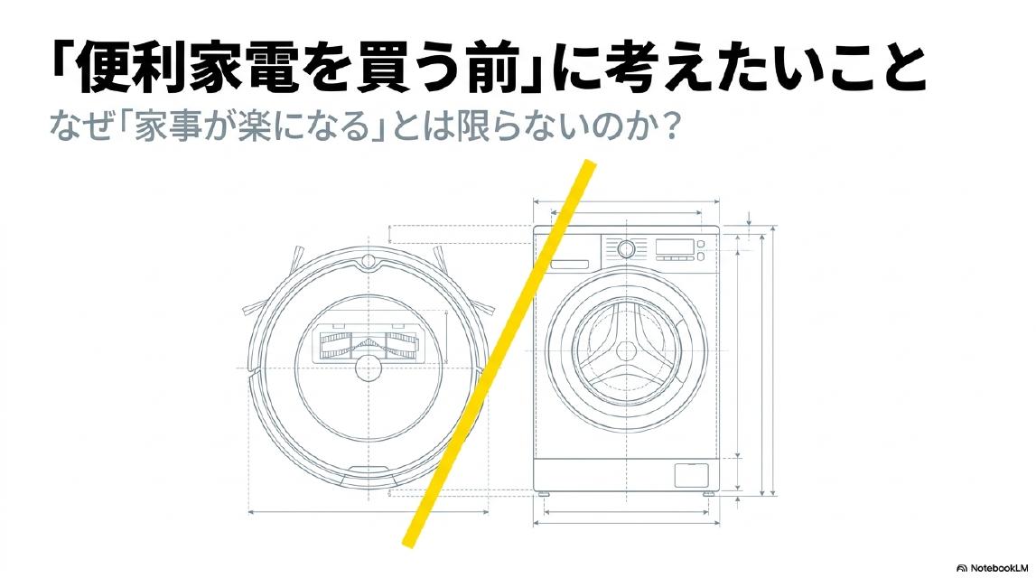 「便利家電を買う前」に考えたいこと｜なぜ「家事が楽になる」とは限らないのか？ロボット掃除機とドラム式洗濯機の設計図イメージ。