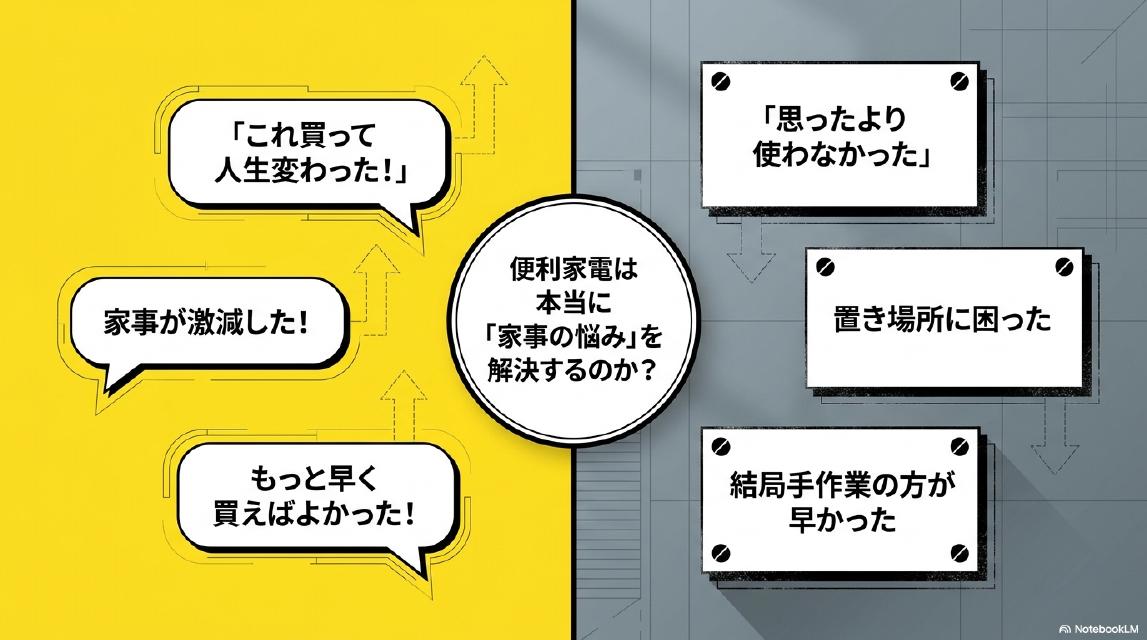 便利家電に対する2つの声。左（黄色）：「これ買って人生変わった！」「家事が激減した！」「もっと早く買えばよかった！」。右（グレー）：「思ったより使わなかった」「置き場所に困った」「結局手作業の方が早かった」。便利家電は本当に家事の悩みを解決するのか？