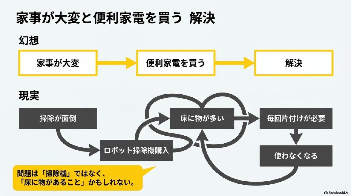 幻想と現実の違い。幻想：家事が大変→便利家電を買う→解決。現実：掃除が面倒→ロボット掃除機購入→床に物が多い→毎回片付けが必要→使わなくなる。問題は「掃除機」ではなく「床に物があること」かもしれない。