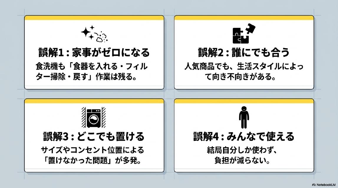 4つの誤解。誤解1：家事がゼロになる（食洗機も「食器を入れる・フィルター掃除・戻す」作業は残る）。誤解2：誰にでも合う（人気商品でも生活スタイルによって向き不向きがある）。誤解3：どこでも置ける（サイズやコンセント位置による「置けなかった問題」が多発）。誤解4：みんなで使える（結局自分しか使わず負担が減らない）。