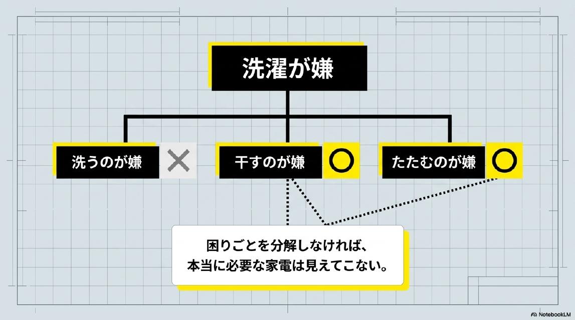 洗濯が嫌の分解。洗うのが嫌（×）、干すのが嫌（○）、たたむのが嫌（○）。困りごとを分解しなければ、本当に必要な家電は見えてこない。