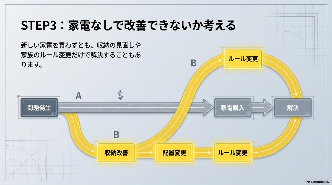 STEP3：家電なしで改善できないか考える。問題発生から2つのルートがある。Aルート（直接）：家電購入→解決。Bルート（ゼロコスト）：収納改善→配置変更→ルール変更→解決。新しい家電を買わずとも、収納の見直しや家族のルール変更だけで解決することもあります。