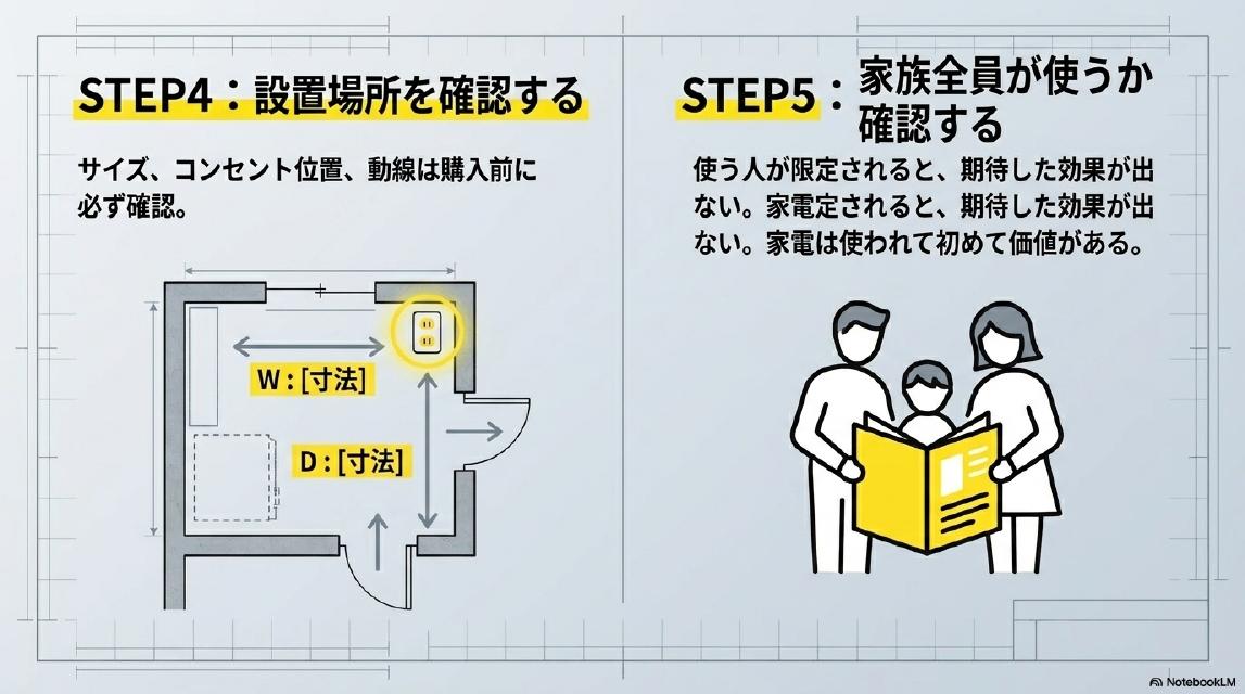 STEP4：設置場所を確認する。サイズ、コンセント位置、動線は購入前に必ず確認。STEP5：家族全員が使うか確認する。使う人が限定されると、期待した効果が出ない。家電は使われて初めて価値がある。