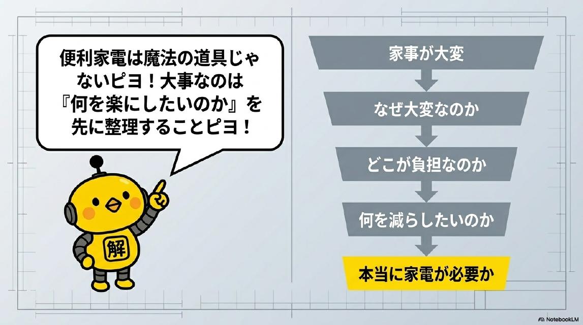 カイピヨくん：「便利家電は魔法の道具じゃないピヨ！大事なのは『何を楽にしたいのか』を先に整理することピヨ！」。解決ドットコム流のフロー：家事が大変→なぜ大変なのか→どこが負担なのか→何を減らしたいのか→本当に家電が必要か。