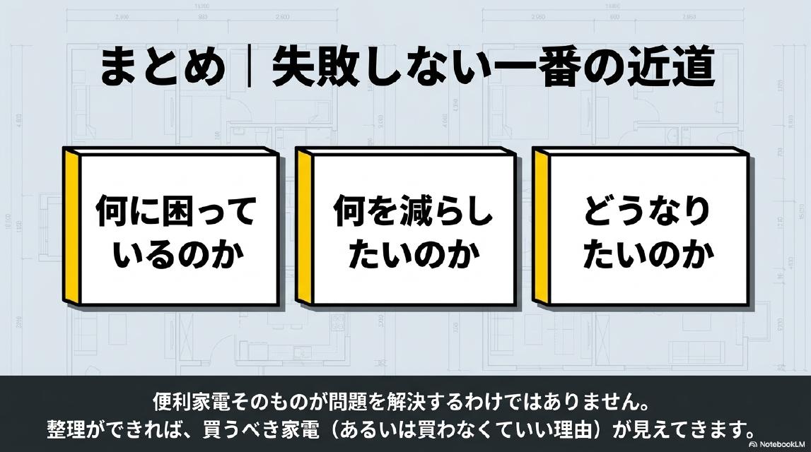 まとめ｜失敗しない一番の近道。3つのボックス：何に困っているのか・何を減らしたいのか・どうなりたいのか。便利家電そのものが問題を解決するわけではありません。整理ができれば、買うべき家電（あるいは買わなくていい理由）が見えてきます。