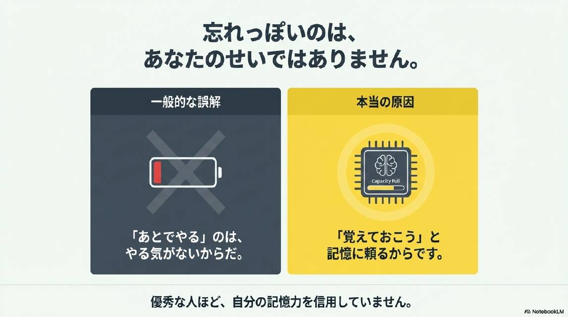 忘れっぽいのはあなたのせいではありません。一般的な誤解：「あとでやる」のはやる気がないからだ。本当の原因：「覚えておこう」と記憶に頼るからです（脳がCapacity Full状態）。優秀な人ほど自分の記憶力を信用していません。