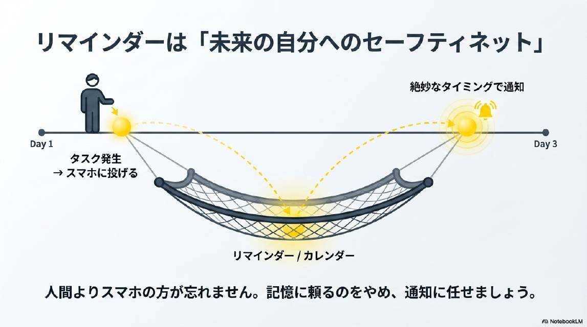 リマインダーは「未来の自分へのセーフティネット」。Day1：タスク発生→スマホに投げる。リマインダー/カレンダーがセーフティネットとなり受け止める。Day3：絶妙なタイミングで通知。人間よりスマホの方が忘れません。記憶に頼るのをやめ通知に任せましょう。