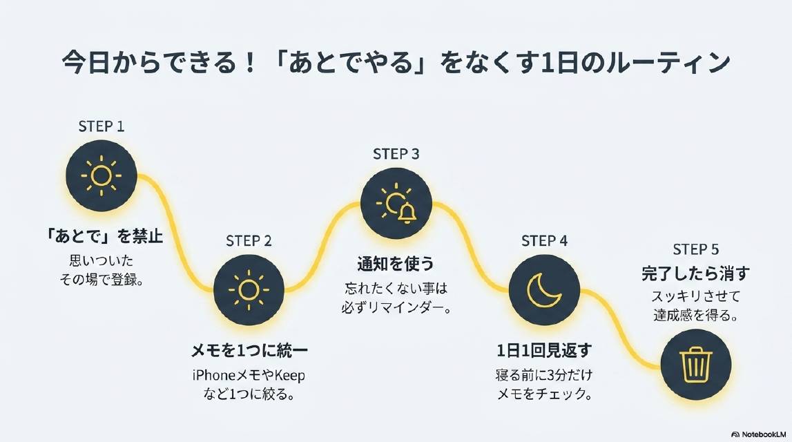 今日からできる！「あとでやる」をなくす1日のルーティン。STEP1：「あとで」を禁止（思いついたその場で登録）。STEP2：メモを1つに統一（iPhoneメモやKeepなど1つに絞る）。STEP3：通知を使う（忘れたくない事は必ずリマインダー）。STEP4：1日1回見返す（寝る前に3分だけメモをチェック）。STEP5：完了したら消す（スッキリさせて達成感を得る）。