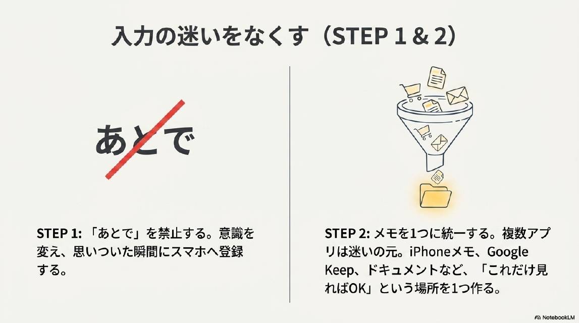 入力の迷いをなくす（STEP1&2）。STEP1：「あとで」を禁止する。意識を変え、思いついた瞬間にスマホへ登録する。STEP2：メモを1つに統一する。複数アプリは迷いの元。iPhoneメモ・Google Keep・ドキュメントなど「これだけ見ればOK」という場所を1つ作る。