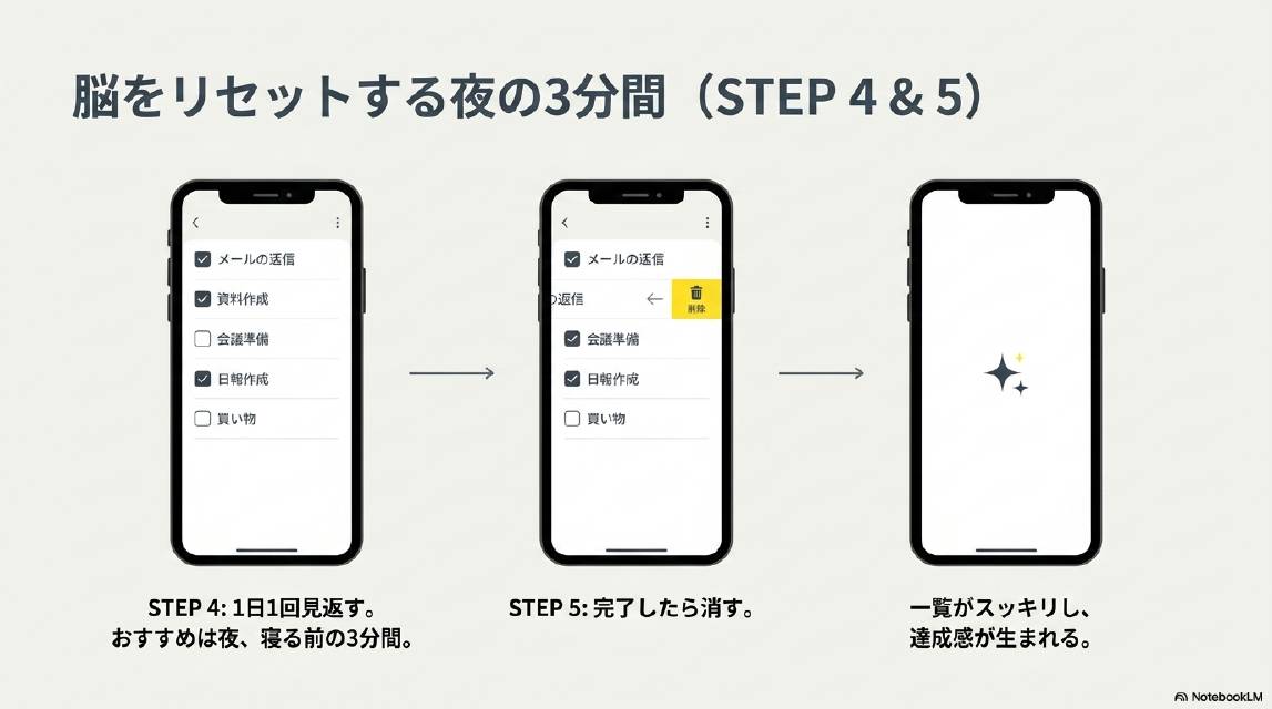 脳をリセットする夜の3分間（STEP4&5）。STEP4：1日1回見返す。おすすめは夜、寝る前の3分間。メールの返信・資料作成・会議準備・日報作成・買い物がリストに並んでいる。STEP5：完了したら消す（削除ボタンが表示されている）。→一覧がスッキリし、達成感が生まれる。