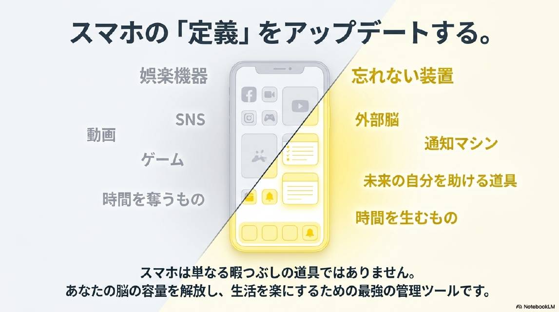 スマホの「定義」をアップデートする。左（旧定義）：娯楽機器・SNS・動画・ゲーム・時間を奪うもの。右（新定義）：忘れない装置・外部脳・通知マシン・未来の自分を助ける道具・時間を生むもの。スマホは単なる暇つぶしの道具ではありません。あなたの脳の容量を解放し生活を楽にするための最強の管理ツールです。