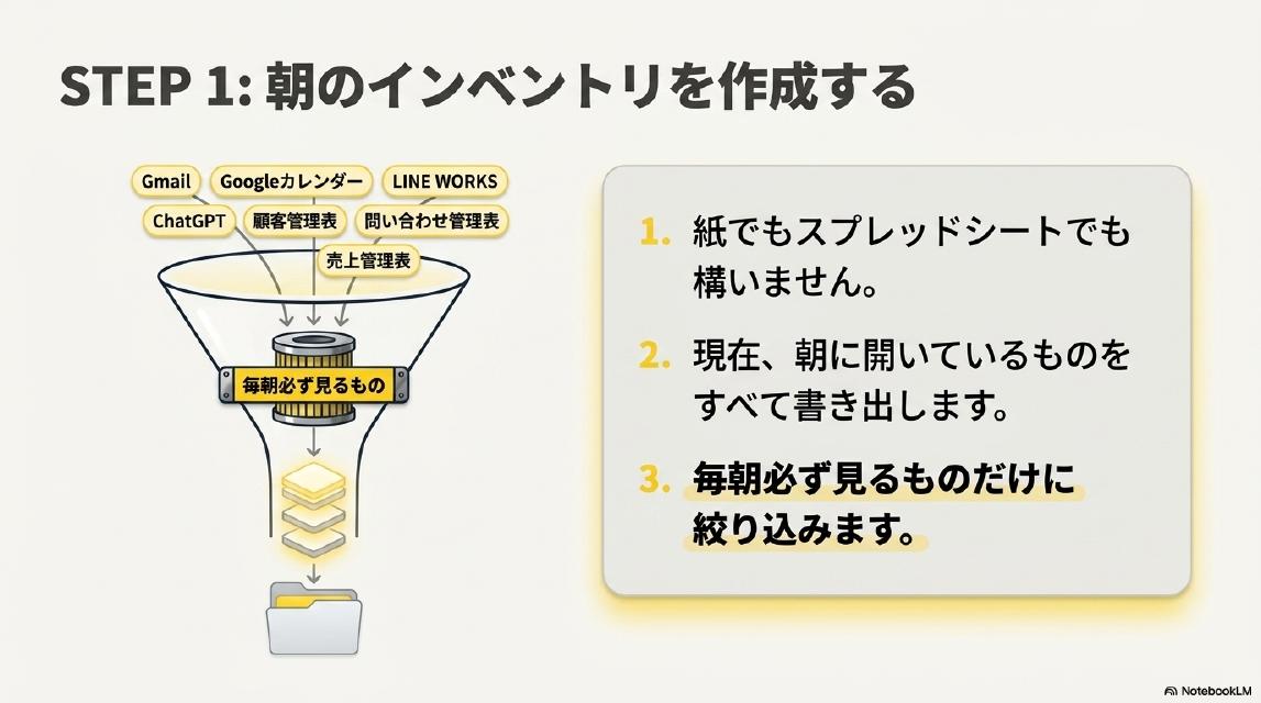 STEP1: 朝のインベントリを作成する。Gmail・Googleカレンダー・LINE WORKS・ChatGPT・顧客管理表・問い合わせ管理表・売上管理表をフィルタリングして「毎朝必ず見るもの」に絞り込む。①紙でもスプレッドシートでも構いません。②現在、朝に開いているものをすべて書き出します。③毎朝必ず見るものだけに絞り込みます。