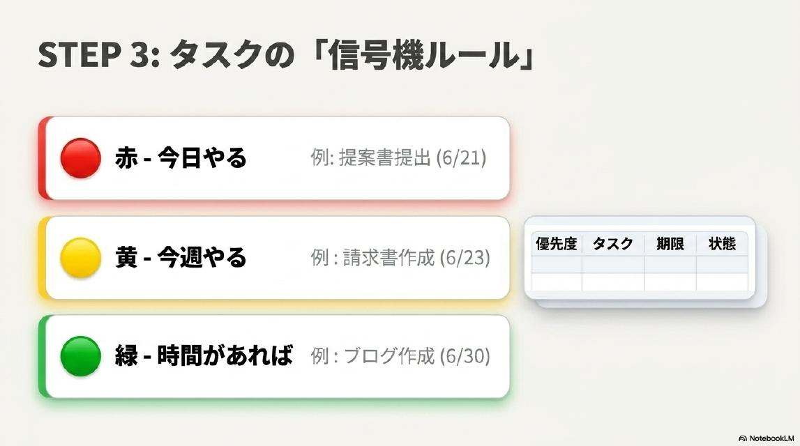 STEP3: タスクの「信号機ルール」。赤-今日やる（例：提案書提出 6/21）。黄-今週やる（例：請求書作成 6/23）。緑-時間があれば（例：ブログ作成 6/30）。優先度・タスク・期限・状態の列構成。