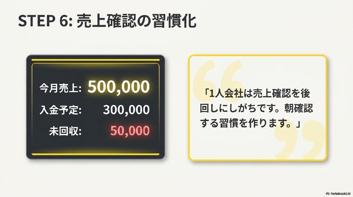 STEP6: 売上確認の習慣化。今月売上：500,000。入金予定：300,000。未回収：50,000（赤表示）。「1人会社は売上確認を後回しにしがちです。朝確認する習慣を作ります。」