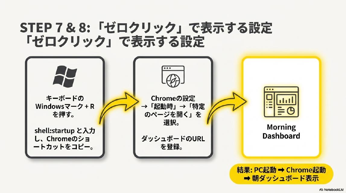 STEP7&8: 「ゼロクリック」で表示する設定。キーボードのWindowsマーク+Rを押す→shell:startupと入力し、Chromeのショートカットをコピー→Chromeの設定「起動時」「特定のページを開く」を選択→ダッシュボードのURLを登録→Morning Dashboard。結果：PC起動→Chrome起動→朝ダッシュボード表示。