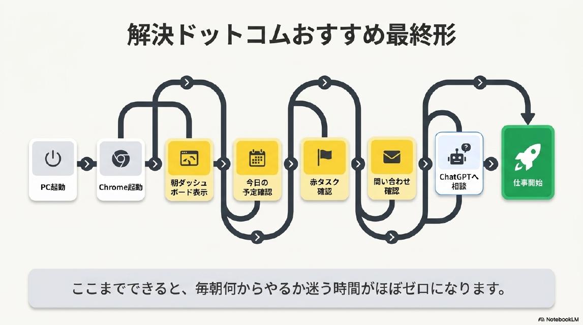 解決ドットコムおすすめ最終形。PC起動→Chrome起動→朝ダッシュボード表示→今日の予定確認→赤タスク確認→問い合わせ確認→ChatGPTへ相談→仕事開始。ここまでできると、毎朝何からやるか迷う時間がほぼゼロになります。
