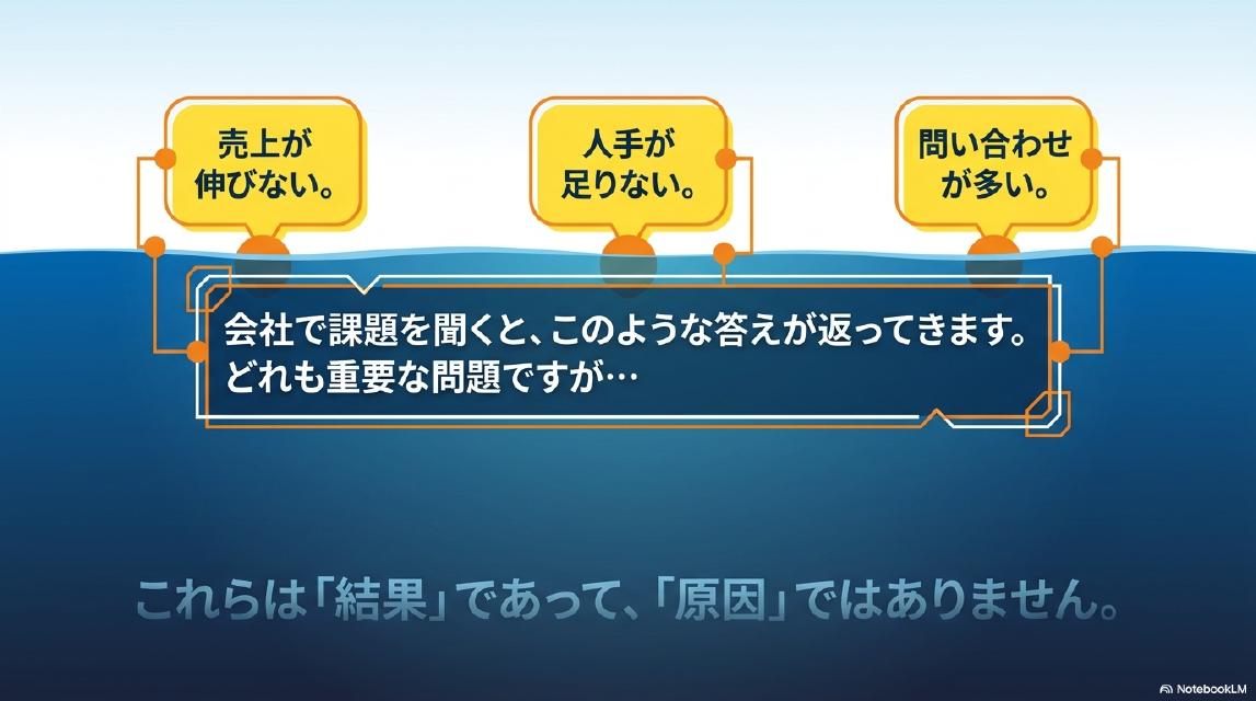 会社で課題を聞くと「売上が伸びない」「人手が足りない」「問い合わせが多い」という答えが返ってくる。どれも重要な問題ですが…これらは「結果」であって「原因」ではありません。