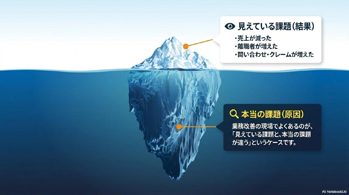 氷山モデル。水面上（見えている課題・結果）：売上が減った・離職者が増えた・問い合わせ・クレームが増えた。水面下（本当の課題・原因）：業務改善の現場でよくあるのが「見えている課題と本当の課題が違う」というケースです。