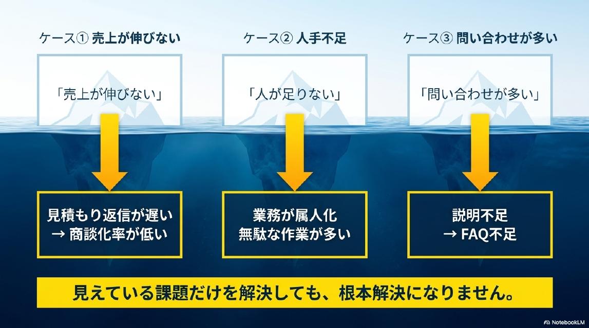 3つのケース。ケース①売上が伸びない→（水面下）見積もり返信が遅い・商談化率が低い。ケース②人手不足→（水面下）業務が属人化・無駄な作業が多い。ケース③問い合わせが多い→（水面下）説明不足・FAQ不足。見えている課題だけを解決しても、根本解決になりません。