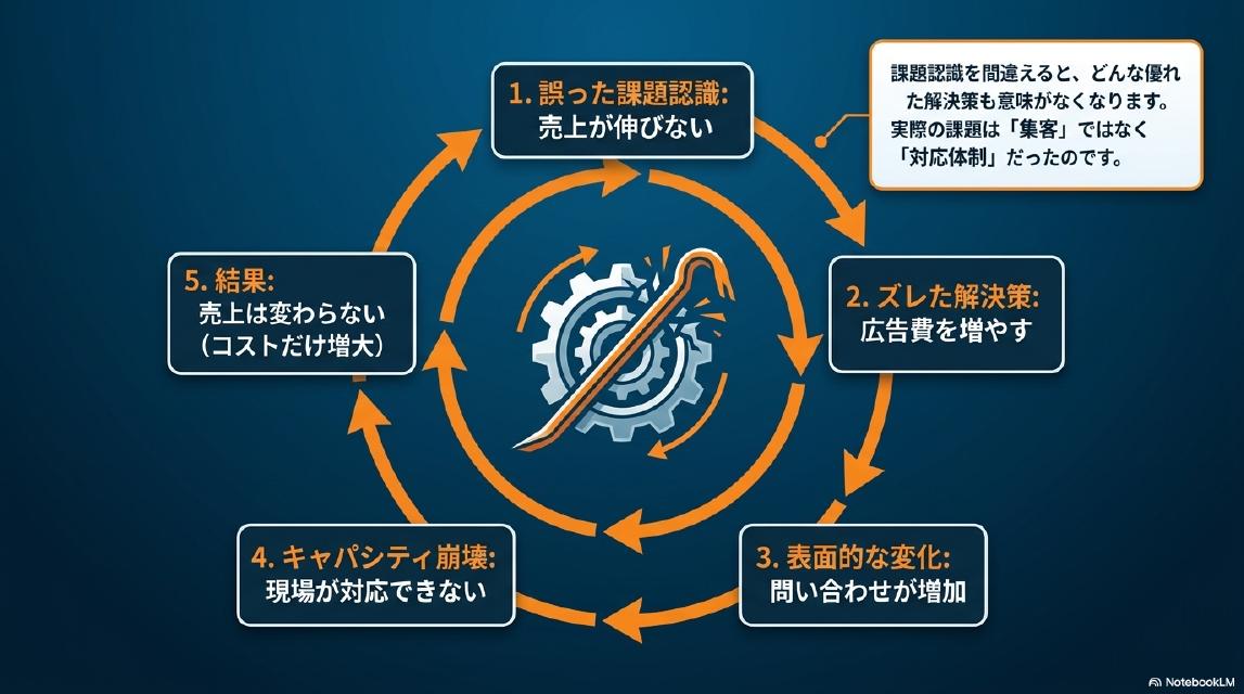 課題認識を間違えると悪循環に陥る。1.誤った課題認識：売上が伸びない→2.ズレた解決策：広告費を増やす→3.表面的な変化：問い合わせが増加→4.キャパシティ崩壊：現場が対応できない→5.結果：売上は変わらない（コストだけ増大）。実際の課題は「集客」ではなく「対応体制」だったのです。