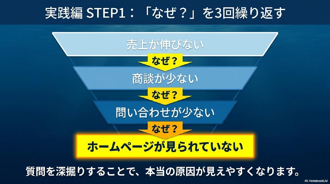 実践編 STEP1：「なぜ？」を3回繰り返す。売上が伸びない→なぜ？→商談が少ない→なぜ？→問い合わせが少ない→なぜ？→ホームページが見られていない。質問を深掘りすることで、本当の原因が見えやすくなります。