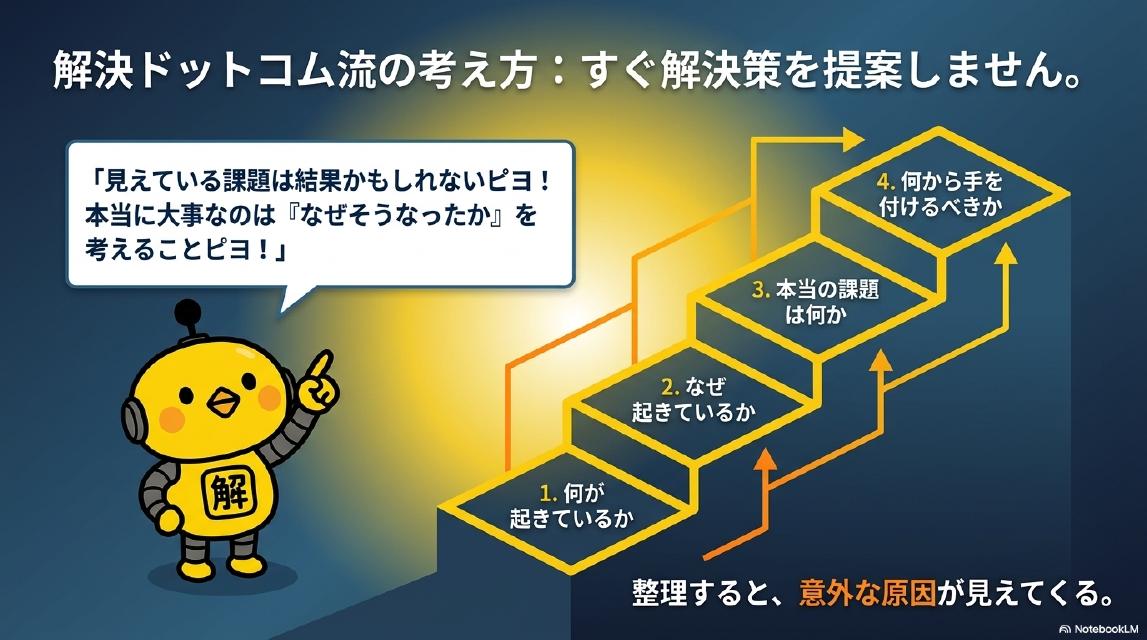 解決ドットコム流の考え方：すぐ解決策を提案しません。カイピヨくん：「見えている課題は結果かもしれないピヨ！本当に大事なのは『なぜそうなったか』を考えることピヨ！」。4つのステップ：1.何が起きているか→2.なぜ起きているか→3.本当の課題は何か→4.何から手を付けるべきか。整理すると、意外な原因が見えてくる。