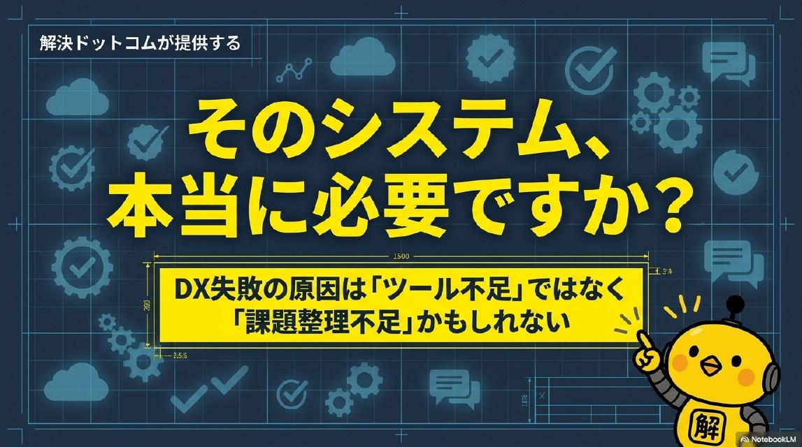 そのシステム、本当に必要ですか？DX失敗の原因は「ツール不足」ではなく「課題整理不足」かもしれない。解決ドットコムが提供する。