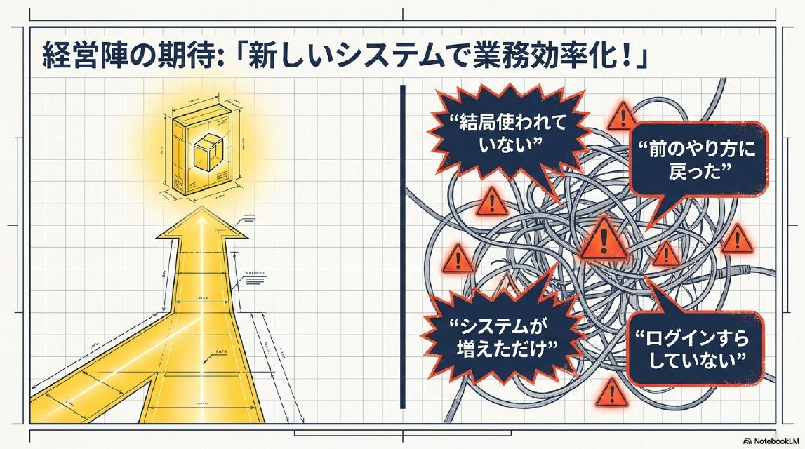 経営陣の期待：「新しいシステムで業務効率化！」現場の声：「結局使われていない」「前のやり方に戻った」「システムが増えただけ」「ログインすらしていない」